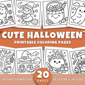 May include: A collection of 20 printable Halloween coloring pages featuring various spooky and cute illustrations. The pages include images of a witch, ghost, and other Halloween-themed characters. The text reads "CUTE HALLOWEEN PRINTABLE COLORING PAGES".