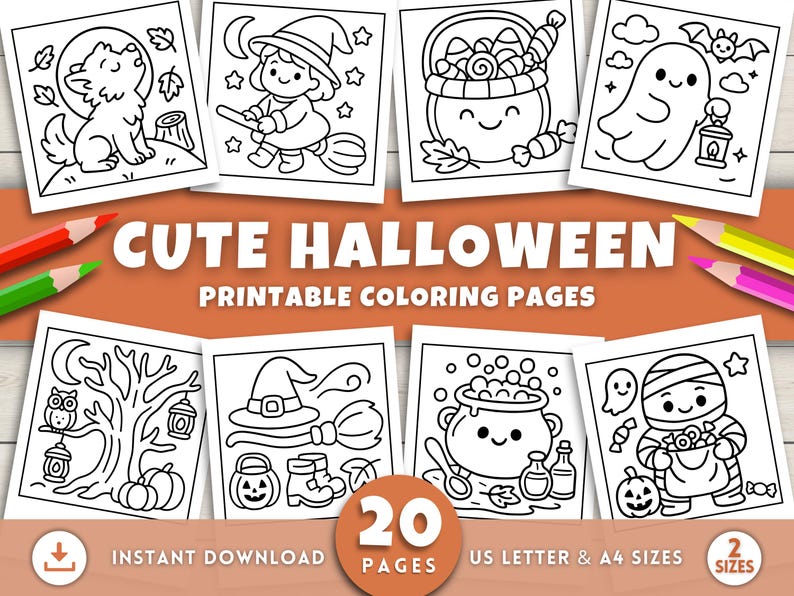 May include: A collection of 20 printable Halloween coloring pages featuring various spooky and cute illustrations. The pages include images of a witch, ghost, and other Halloween-themed characters. The text reads "CUTE HALLOWEEN PRINTABLE COLORING PAGES".