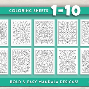 May include: Ten white rectangular coloring sheets with black mandala designs. The top banner reads "COLORING SHEETS 1-10" and the bottom banner reads "BOLD & EASY MANDALA DESIGNS!"
