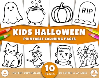 Op de afbeelding: Afbeelding van Halloween kleurplaten voor kinderen. De afbeelding toont illustraties van een spook, ketel, pompoen, grafsteen, kat, heks, Frankenstein en een spookhuis. De tekst luidt "KIDS HALLOWEEN PRINTBARE KLEURPAGINA'S".
