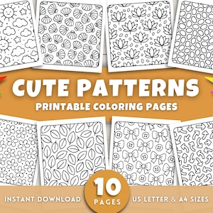 以下が含まれることがあります： 太陽、貝殻、花など、さまざまな白黒パターンが特徴の、10枚の印刷可能な塗り絵のコレクション。「CUTE PATTERNS」と「PRINTABLE COLORING PAGES」という文字が表示されています。色鉛筆がページの周りに配置されています。