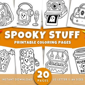 May include: Black and white line art illustrations of Halloween-themed items, including a backpack, headphones, a camera, a purse, a coffin clock, a phone case, a treasure chest, and a coffee cup. The text "SPOOKY STUFF" and "PRINTABLE COLORING PAGES" are displayed.