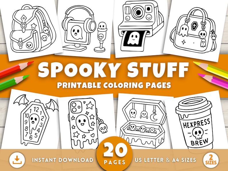 May include: Black and white line art illustrations of Halloween-themed items, including a backpack, headphones, a camera, a purse, a coffin clock, a phone case, a treasure chest, and a coffee cup. The text "SPOOKY STUFF" and "PRINTABLE COLORING PAGES" are displayed.