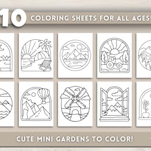 May include: Ten coloring sheets featuring line art illustrations of landscapes, including a lighthouse, beach scene, mountains, and a windmill. Text reads: "COLORING SHEETS FOR ALL AGES!" and "CUTE MINI GARDENS TO COLOR!"
