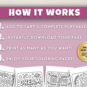Puede incluir: Un gr&aacute;fico rosa y blanco con el texto "HOW IT WORKS" y pasos numerados para comprar e imprimir p&aacute;ginas para colorear. La imagen incluye ejemplos de p&aacute;ginas para colorear con citas inspiradoras.