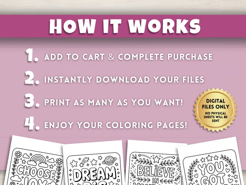Puede incluir: Un gr&aacute;fico rosa y blanco con el texto "HOW IT WORKS" y pasos numerados para comprar e imprimir p&aacute;ginas para colorear. La imagen incluye ejemplos de p&aacute;ginas para colorear con citas inspiradoras.