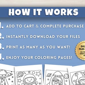 May include: A blue graphic with the text "HOW IT WORKS" and numbered steps: Add to cart, download files, print, and enjoy coloring pages. Includes a gold seal that says "DIGITAL FILES ONLY, NO PHYSICAL SHEETS WILL BE SENT".
