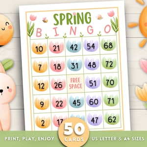 May include: A colorful Spring Bingo game card with a floral design and numbers. The card features a "Spring Bingo" title, a free space, and the text "50 Cards". Cute illustrations of a bee, bunny, and sun are also included.