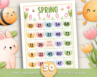 Lentebingo, 50 lentebingokaarten, afdrukbare lenteklasactiviteit voor kinderen, lentefeestspel voor kinderen, paasbingo, paasspellen