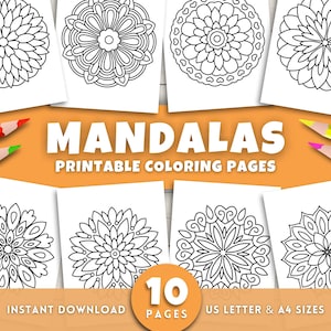 10 Easy Mandala Coloring Sheets For Kids Toddlers Adults, Mindful Mandalas Printable Coloring Book Pages, Relaxing Stress Relief Coloring