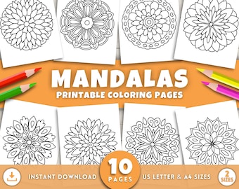 10 desenhos de mandala fáceis para colorir para crianças, bebês e adultos; páginas de livro de colorir imprimíveis com mandalas para relaxar e aliviar o estresse.