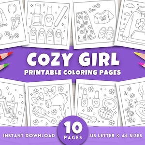 K&ouml;nnte beinhalten: Eine Sammlung ausdruckbarer Malvorlagen zum Thema "Cozy Girl". Die Seiten zeigen Strichzeichnungen von gem&uuml;tlichen Gegenst&auml;nden wie einem Pullover, Nagellack, Pyjamas, einem Kapuzenpullover, Kerzen, einem Haartrockner, Make-up und Parf&uuml;m.