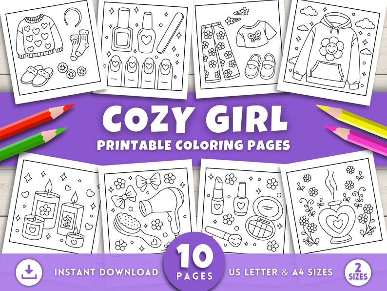K&ouml;nnte beinhalten: Eine Sammlung ausdruckbarer Malvorlagen zum Thema "Cozy Girl". Die Seiten zeigen Strichzeichnungen von gem&uuml;tlichen Gegenst&auml;nden wie einem Pullover, Nagellack, Pyjamas, einem Kapuzenpullover, Kerzen, einem Haartrockner, Make-up und Parf&uuml;m.