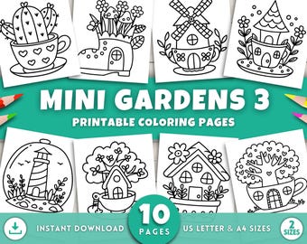 Mini Garten Malseiten für Erwachsene & Kinder, gemütliche Gartenecken, kleine Garten druckbare Malvorlagen, mutig und einfach, digitaler Download