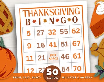 Thanksgiving Bingo, Thanksgiving Games, 50 Thanksgiving Bingo Cards, Printable Thanksgiving Party Game, Thanksgiving Activity, Fall Games