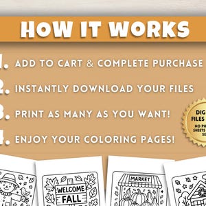 Puede incluir: Gr&aacute;fico beige con texto blanco que dice &laquo;HOW IT WORKS&raquo;. Las instrucciones incluyen: agregar al carrito, descargar archivos, imprimir tantos como desee y disfrutar de las p&aacute;ginas para colorear. Un sello dorado dice &laquo;SOLO ARCHIVOS DIGITALES, NO SE ENVIAR&Aacute;N HOJAS F&Iacute;SICAS&raquo;.