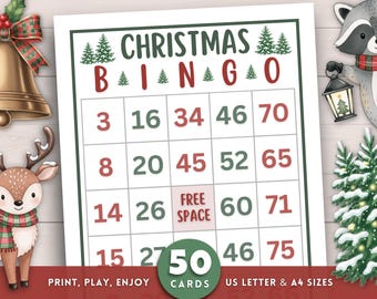 Peut inclure: Une carte de jeu de Bingo de Noël avec un design festif. La carte présente une grille avec des numéros et les mots "Christmas Bingo" en haut. La carte comprend le texte "Print, Play, Enjoy" et "50 Cards".