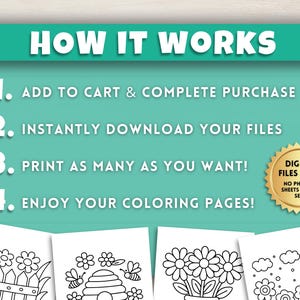 Puede incluir: Una descarga digital de p&aacute;ginas para colorear imprimibles. La imagen muestra cuatro pasos sobre c&oacute;mo comprar y descargar las p&aacute;ginas para colorear. Los pasos son: 1. A&ntilde;adir al carrito y completar la compra, 2. Descargar instant&aacute;neamente tus archivos, 3. &iexcl;Imprime tantas como quieras!, 4. &iexcl;Disfruta de tus p&aacute;ginas para colorear! La imagen tambi&eacute;n incluye una nota que dice: "Archivos digitales &uacute;nicamente. No se enviar&aacute;n hojas f&iacute;sicas."