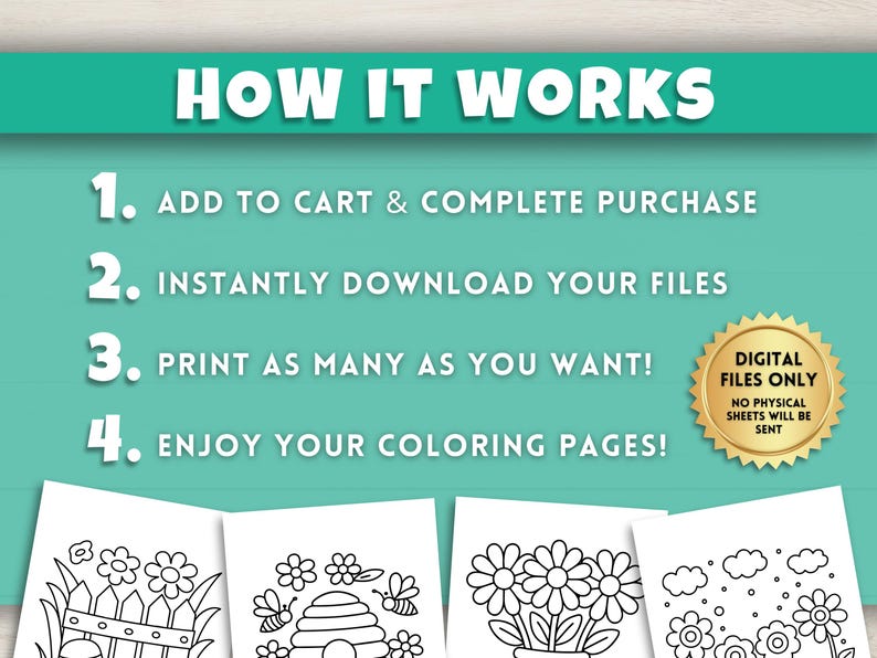 Puede incluir: Una descarga digital de p&aacute;ginas para colorear imprimibles. La imagen muestra cuatro pasos sobre c&oacute;mo comprar y descargar las p&aacute;ginas para colorear. Los pasos son: 1. A&ntilde;adir al carrito y completar la compra, 2. Descargar instant&aacute;neamente tus archivos, 3. &iexcl;Imprime tantas como quieras!, 4. &iexcl;Disfruta de tus p&aacute;ginas para colorear! La imagen tambi&eacute;n incluye una nota que dice: "Archivos digitales &uacute;nicamente. No se enviar&aacute;n hojas f&iacute;sicas."
