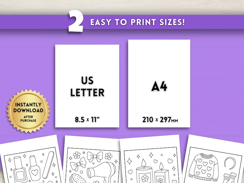 K&ouml;nnte beinhalten: Ein Produktbild zum digitalen Download mit zwei Druckgr&ouml;&szlig;enoptionen: US Letter (8,5 x 11 Zoll) und A4 (210 x 297 mm). Das Bild enth&auml;lt den Text "Easy to Print Sizes!" und ein goldenes Siegel mit der Aufschrift "Instantly Download After Purchase".