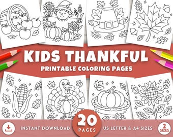 May include: A collection of printable coloring pages for kids with a Thanksgiving theme. The pages feature line drawings of a scarecrow, pumpkins, a cornucopia, a turkey, and other fall-related images. The text "KIDS THANKFUL PRINTABLE COLORING PAGES" is displayed.