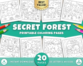 Páginas para colorear del Bosque Secreto para adultos y niños, Rincones de Mini Jardín, Libro para colorear de Jardín de Hadas Mágico, Animales del Bosque Fantásticos, Digital