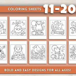 May include: A collection of Halloween-themed coloring sheets numbered 11-20. Each sheet features a different black and white illustration of a Halloween character or object, such as a vampire, cat, or spider. The text "BOLD AND EASY DESIGNS FOR ALL AGES!" is also present.