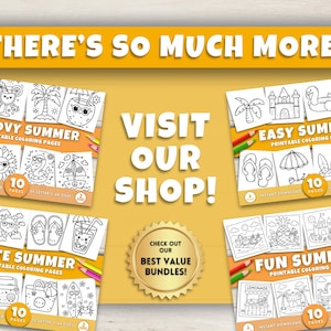 May include: A promotional image featuring four printable summer coloring books with the titles "Groovy Summer", "Easy Summer", "Cute Summer", and "Fun Summer". The image includes the text "Visit Our Shop!" and "Check Out Our Best Value Bundles!"