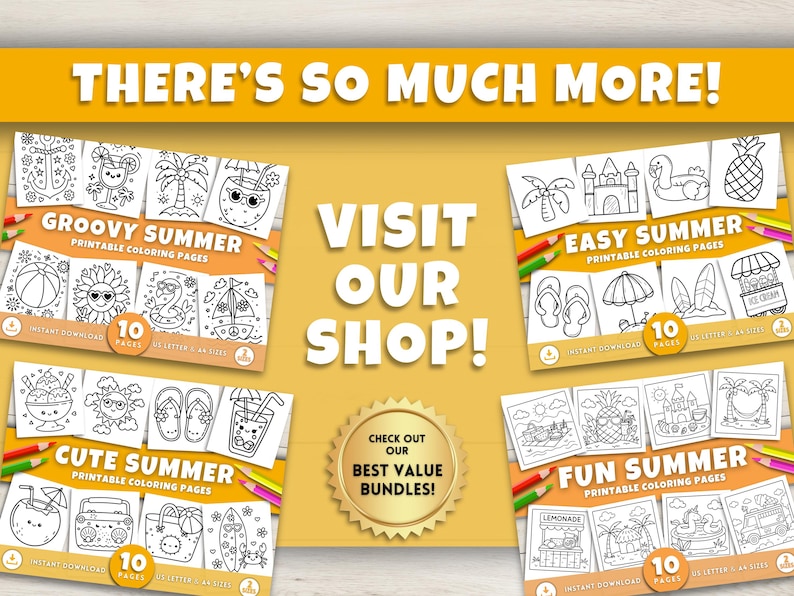 May include: A promotional image featuring four printable summer coloring books with the titles "Groovy Summer", "Easy Summer", "Cute Summer", and "Fun Summer". The image includes the text "Visit Our Shop!" and "Check Out Our Best Value Bundles!"