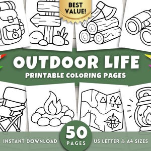 May include: A collection of printable coloring pages with an outdoor theme. The pages feature line drawings of camping gear, a campfire, a map, and other outdoor elements. The text "OUTDOOR LIFE PRINTABLE COLORING PAGES" is displayed.