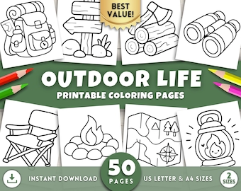 Outdoor Life Coloring Pages for Kids, Toddlers & Adults, Easy Camping, Hiking and Fishing Printables, Bold and Simple Art, Digital Download