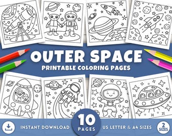 May include: A collection of printable outer space coloring pages. The pages feature illustrations of rockets, planets, astronauts, aliens, and a telescope. The text "OUTER SPACE PRINTABLE COLORING PAGES" is displayed. Includes 10 pages in US Letter and A4 sizes.