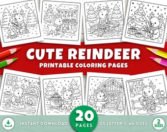 Cute Reindeer Coloring Pages for Kids & Adults, Christmas Coloring Book, Printable Holiday Activities, Winter Coloring Sheets, Xmas Fun