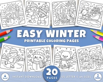 Einfache Winter Malseiten für Kinder und Erwachsene, Winter Malseiten, Weihnachtsmalbuch, Printable Urlaubsaktivitäten, Winteraktivität