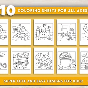 May include: Ten coloring sheets with beach-themed illustrations, including a beach ball, campfire, sandcastle, lifeguard tower, kite, beach umbrella, wagon, seashells, bucket, and pelican. Text reads: "COLORING SHEETS FOR ALL AGES!" and "SUPER CUTE AND EASY DESIGNS FOR KIDS!"