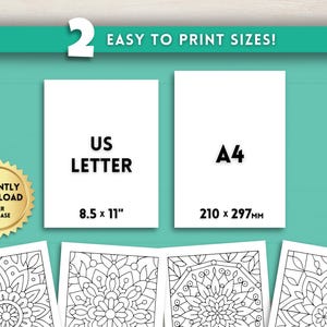 May include: Two white paper sizes are displayed: US Letter at 8.5 x 11 inches and A4 at 210 x 297mm. The text "EASY TO PRINT SIZES!" is above the paper sizes. A gold seal reads "INSTANTLY DOWNLOAD AFTER PURCHASE". Below are partially visible coloring pages.