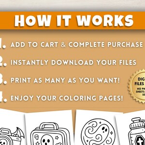 May include: Image with text "HOW IT WORKS" and numbered steps: Add to cart, download files, print as many as you want, and enjoy coloring pages. Includes a gold seal that says "DIGITAL FILES ONLY, NO PHYSICAL SHEETS WILL BE SENT".