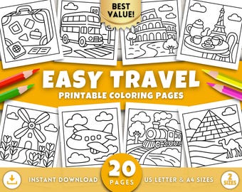 Travel Coloring Pages for Kids and Adults, Bold and Easy Printable Coloring Book, World Travel Activity Sheets, Fun Vacation Printables, PDF