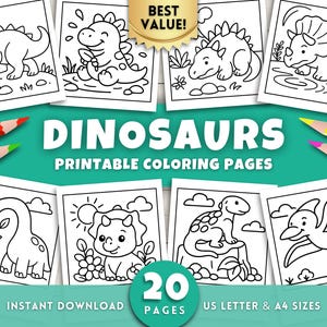 Söta dinosauriemålarbilder för barn, dinosauriekonst, dinosaurieteckningsblad, utskrivbara bilder för födelsedagsfester, rolig dinosaurieaktivitet, digital nedladdning