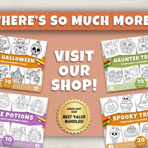 May include: A promotional image for printable Halloween coloring pages. The image features four different coloring book covers with various Halloween-themed illustrations, including pumpkins, ghosts, and witches. The text "Visit Our Shop!" is prominently displayed.