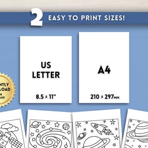 May include: A digital download featuring space-themed coloring pages. The image shows two print size options: US Letter (8.5 x 11 inches) and A4 (210 x 297 mm). The text reads "Easy to Print Sizes!" and "Instantly Download After Purchase."