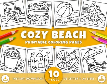Beach Coloring Pages for Kids & Adults, Cute Summer Printable Activity Sheets, Simple Beach Activities, Fun Summer Kids Activity, Digital