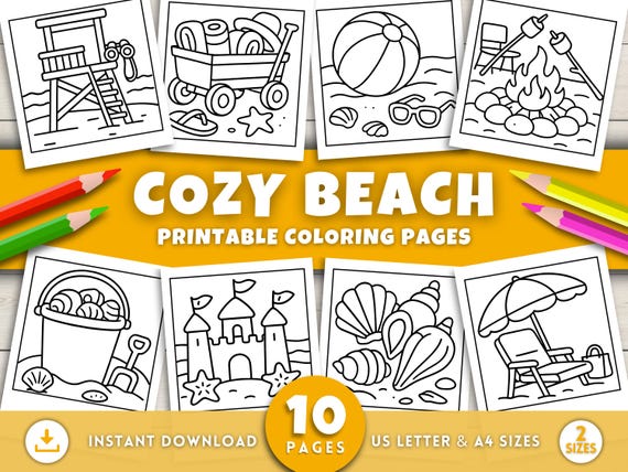 Beach Coloring Pages for Kids & Adults, Cute Summer Printable Activity Sheets, Simple Beach Activities, Fun Summer Kids Activity, Digital