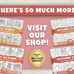 May include: An advertisement for printable coloring pages with an autumn theme. The image features several coloring books with titles like "Fall Vibes" and "Autumn Stamps." The text "Visit Our Shop!" is prominently displayed.