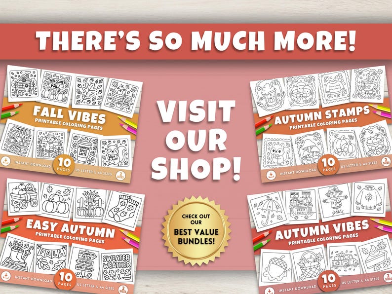May include: An advertisement for printable coloring pages with an autumn theme. The image features several coloring books with titles like "Fall Vibes" and "Autumn Stamps." The text "Visit Our Shop!" is prominently displayed.