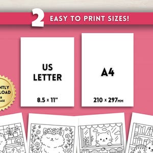 May include: A pink background with the text "2 EASY TO PRINT SIZES!" and two white rectangular sheets of paper. One sheet is labeled "US LETTER 8.5 x 11" and the other is labeled "A4 210 x 297MM". A gold seal reads "INSTANTLY DOWNLOAD AFTER PURCHASE".