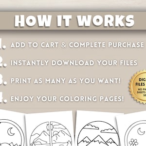 May include: Image with the text "HOW IT WORKS" and numbered steps: Add to cart, download files, print as many as you want, and enjoy coloring pages. A gold seal states "Digital Files Only, No physical sheets will be sent."