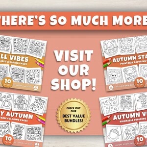 May include: An advertisement for printable coloring pages with an autumn theme. The image features several sets of coloring pages with titles like "Fall Vibes" and "Autumn Stamps." The text "Visit Our Shop!" is prominently displayed.