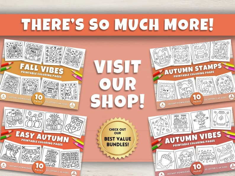 May include: An advertisement for printable coloring pages with an autumn theme. The image features several sets of coloring pages with titles like "Fall Vibes" and "Autumn Stamps." The text "Visit Our Shop!" is prominently displayed.