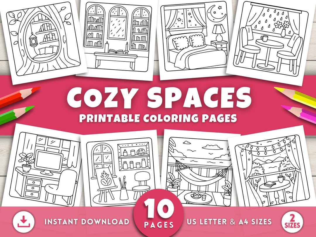 Cozy Spaces Coloring Pages for Adults, Cozy Corner Coloring Sheets ...
